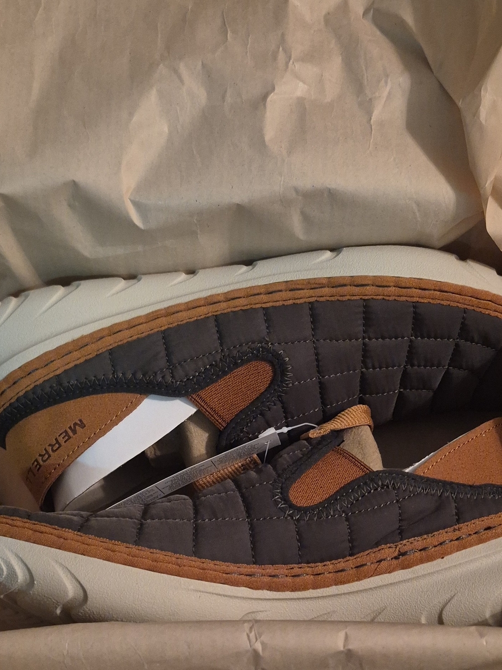 Merrell Women's Quilted Slip-On Loafer in Gray and Brown